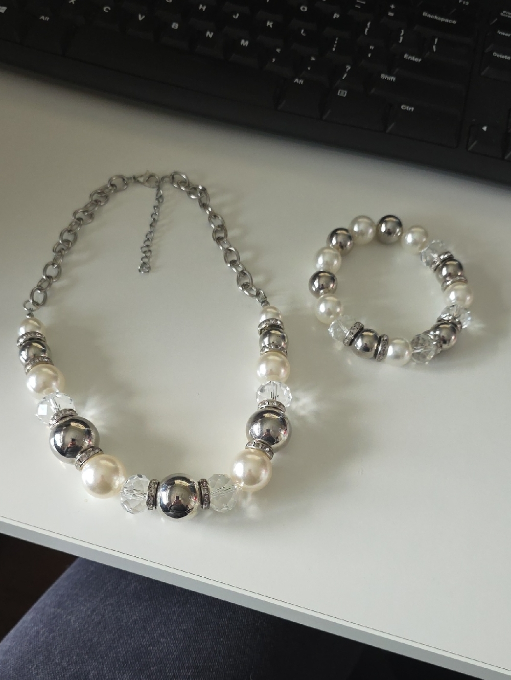 Women's Silver Tone & Faux Pearl Bead Necklace and Bracelet Set
